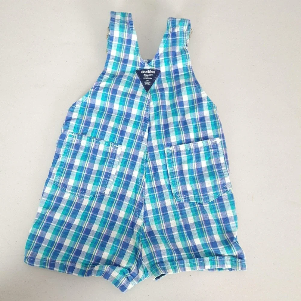 Vintage OshKosh B'gosh Shortalls Toddler 2T Blue Plaid Cotton Vestbak USA 90s